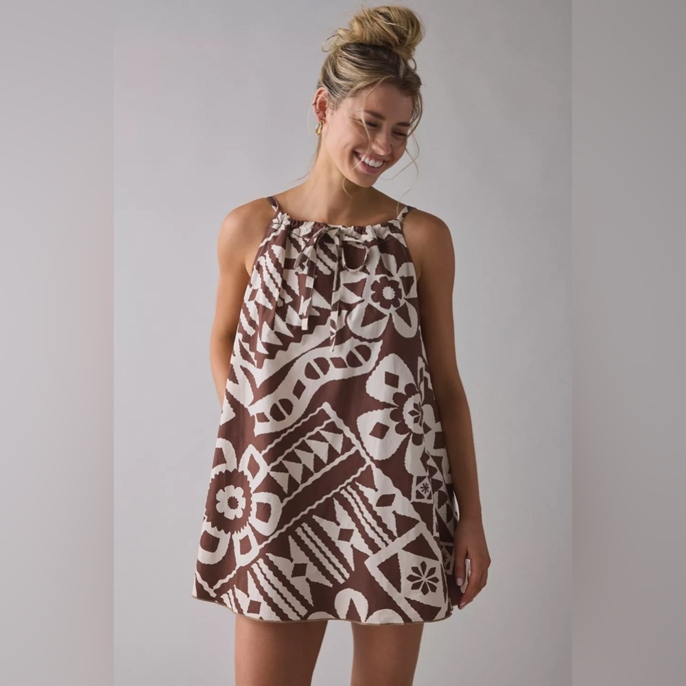 Urban Outfitters BDG Eva Tie-Front Ruched Strap Trapeze Mini Dress Brown White
